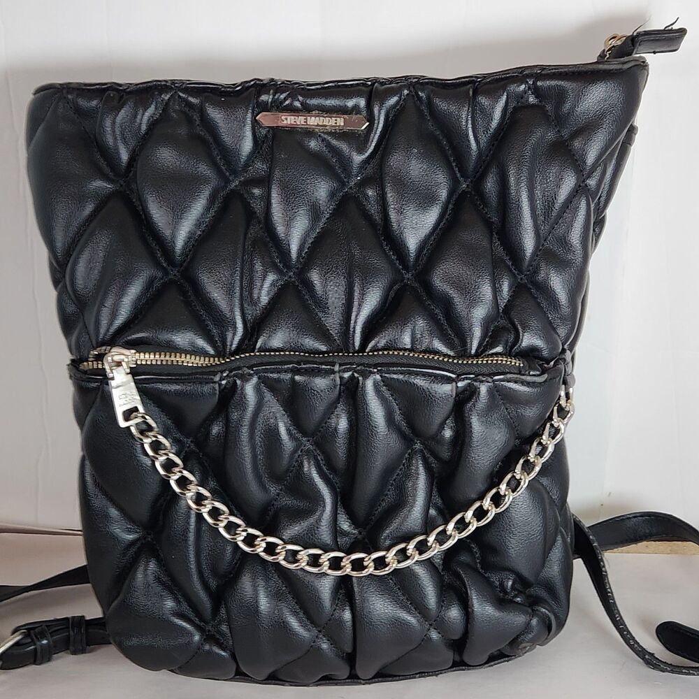 Steve Madden Purse Small Mini Backpack Tote Black Quilted Leather silver Metal